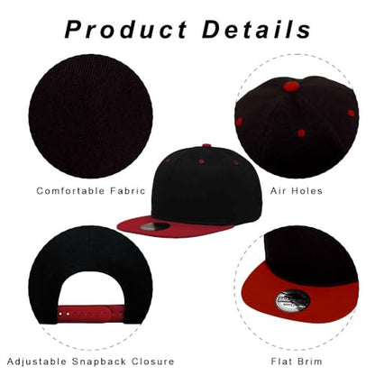 ZH Plain Flat Brim Snapback Baseball Caps Adjustable Blank Baseball Caps Wholesale 12 Pack - color: Black-red