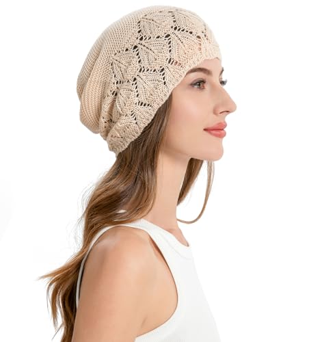 ZLYC Crochet Slouchy Beanie for Women Soft Lightweight Skull Cap - color: Solid Beige