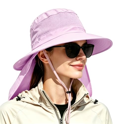 Outdoor Sun Hats with Stowable Neck Flap for Men Women UPF 50+ Mesh Summer Bucket Hat Wide Brim for Fishing Safari Hiking - color: Purple