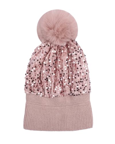 Women Sparkly Sequins Knitted Beanie Hat Warm Winter Skull Cap with Faux Fur Pom Pom - color: X Pink With Knit Cuffs