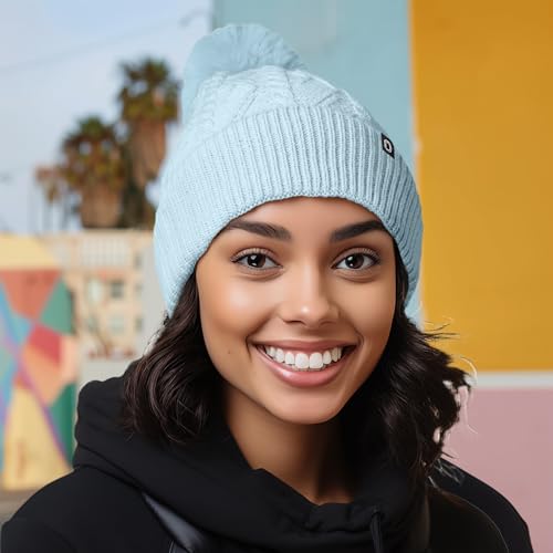 DALIX Cable Knit Pom Beanie Soft Stretch Skully Warm Fuzzy Faux Sherpa Winter Ski Beanie - color: Light Blue