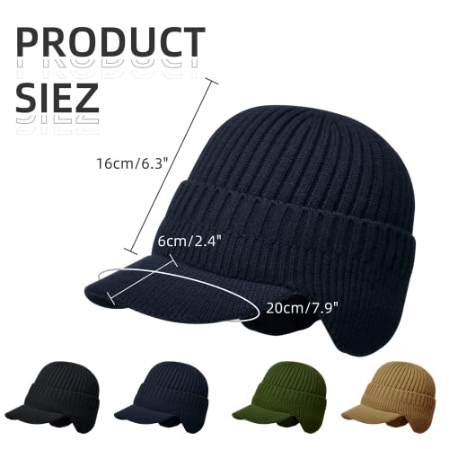 Men's Winter Hat with Brim, Warm Earflaps Hat for Men, Thick Fleece Lined Knit Winter Beanie Outdoor - color: Navy Blue