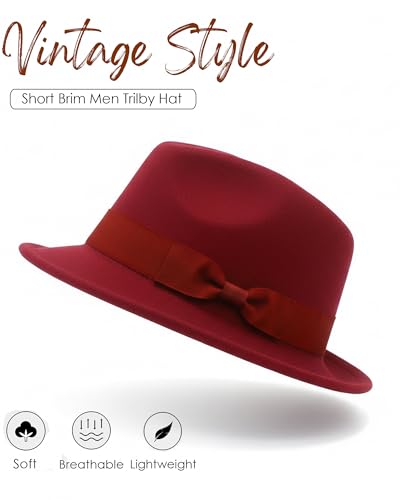 Fedora Hats for Men Women 1920s Short Brim Felt Trilby Hat - color: Wine Red