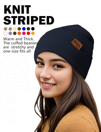 Beanie Hats for Men Women Knit Winter Hat, Warm Skull Stocking Cap, Striped Snow Hat Heated Cuffed Beanie - color: 2p-black+navy Blue