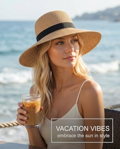 Straw Sun Hat with 2026 Foldable Summer Beach Straw Hat,Packable Wide Brim for Women UV Protection for Travel (Khaki)