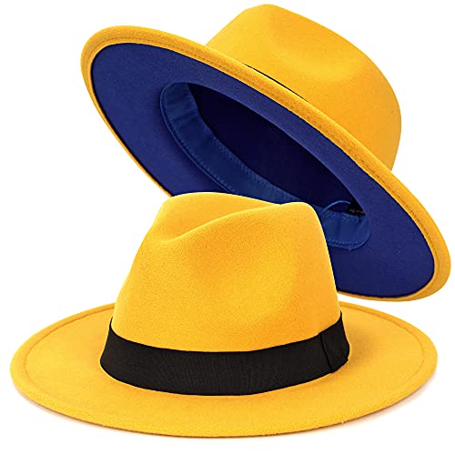 Trendy Fedora Hats for Men & Women Wide Brim Felt Hat Dress Panama Hat Two Tone Fedora - color: A Yellow-blue, size: Medium