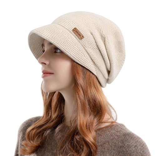 Womens Winter Beanie Hat,Fleece Lining Warm Knitted Slouchy Beanie Hats Cap with Visor - color: Beige