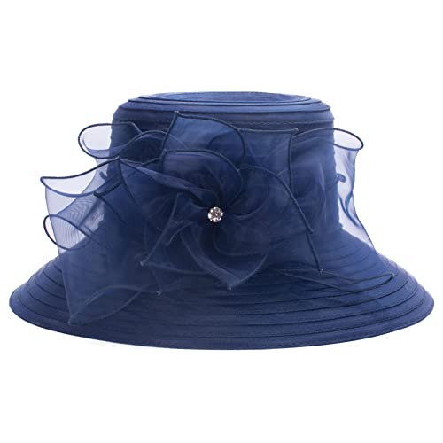 Womens Wedding Occasion Floral Wide Brim Church Dressy Sun Hat A323 - color: Navy Blue