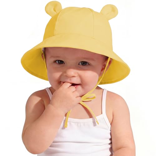 Zando Wide Brim Baby Sun Bucket Hat 0-4T UPF 50+ - Sun Protection Toddler Beach Hats with Bear Ears Infant Hat Adjustable - color: Lemon Yellow, size: 0-6 Months
