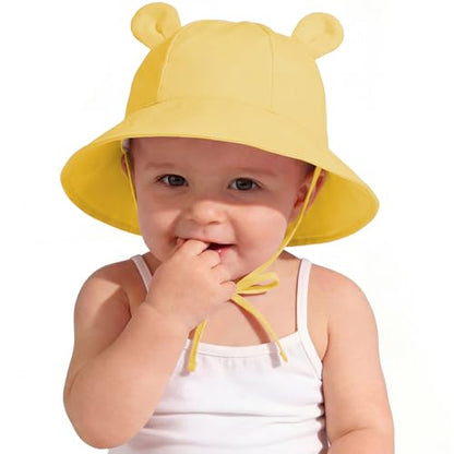 Zando Wide Brim Baby Sun Bucket Hat 0-4T UPF 50+ - Sun Protection Toddler Beach Hats with Bear Ears Infant Hat Adjustable - color: Lemon Yellow, size: 6-12 Months
