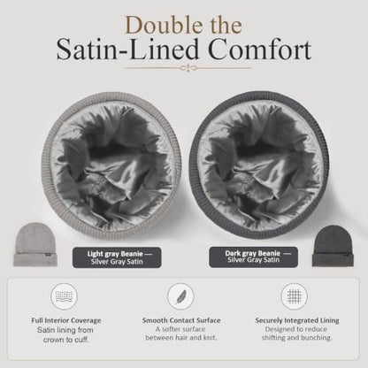 2 Pack Satin Lined Beanies for Men and Women Warm Cuffed Winter Hats - color: Dark Grey+light Grey