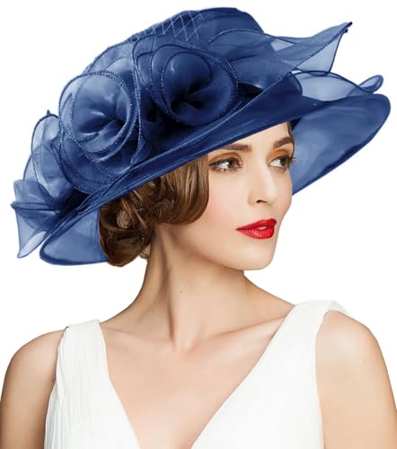 Women's Kentucky Derby Church Dress Hat Wide Brim Leaf Flower Bridal Shower Hat - color: A4 Navy