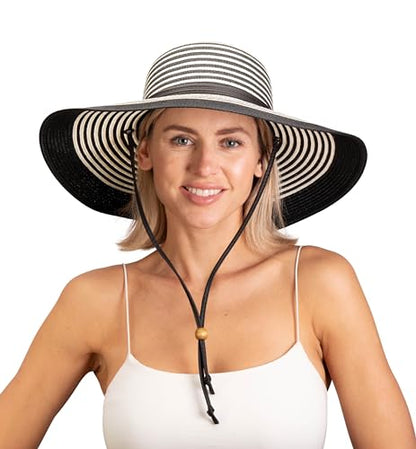 Sloggers Women's Wide Brim Braided Sun Hat with Wind Lanyard - UPF 50+ Maximum Sun Protection - color: Black White