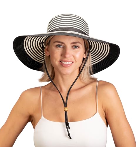 Sloggers Women's Wide Brim Braided Sun Hat with Wind Lanyard - UPF 50+ Maximum Sun Protection - color: Black White
