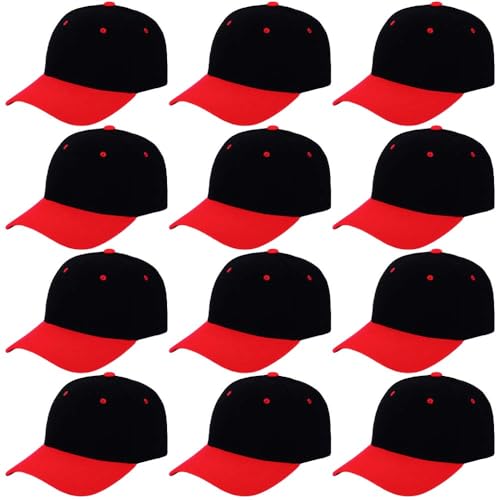 ZH Plain Adjustable Baseball Cap - Lot of 12 Unisex Blank Design Caps - color: Blackred