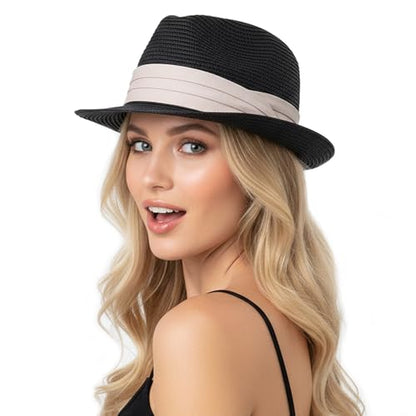 Straw Sun Hat for Men Women Short Brim Beach Trilby Hat UPF 50+ - color: Black