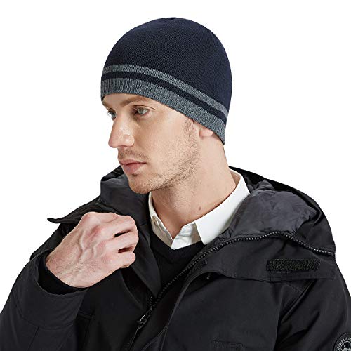 Mens Winter Beanie Hat Warm Knit Cuffed Plain Toboggan Ski Skull Cap (3 Patterns) - color: A4-navy