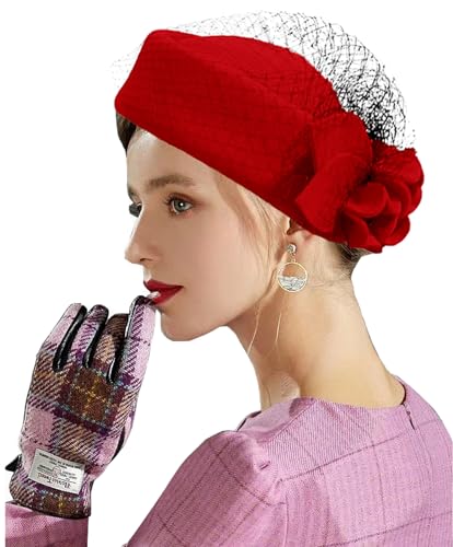 ORIDOOR Women's British Style Pillbox Church Derby Wedding Winter Vintage Fascinator Beret 100% Wool Felt Veil Hat - color: 02b-red