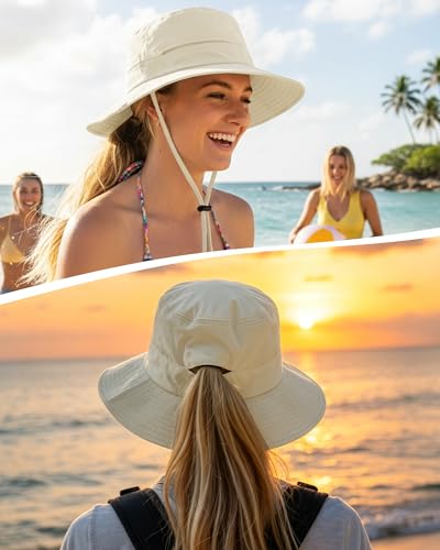 Womens Ponytail Sun Hat UPF50+ Waterproof Bucket Hat Packable Beach Hat - color: Begie