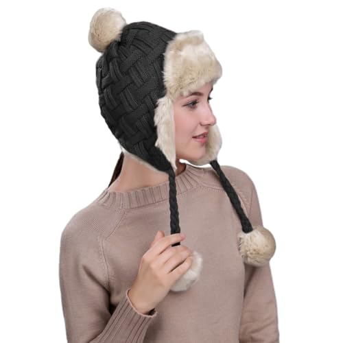 PENINSULA LOVE Women Peruvian Trapper Hat Faux Fur Ushanka Russian Hat Earflap Eskimo Beanie Winter Knitted Cap with Pompom - color: Black