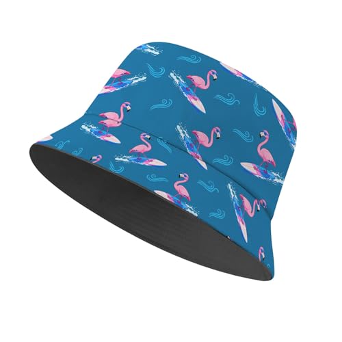 Amasnay Funny Bucket Hat Cotton Double-Side-Wear Reversible Sun Hat for Women Men, Summer Vacation Travel Beach Fisherman Hat - color: Funny Surfing Flamingo