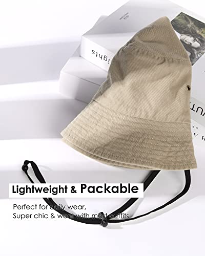 FURTALK Bucket Hats for Women Washed Cotton Packable Summer Beach Sun Hats Bucket Hat with Strings for Travel - color: Light Khaki