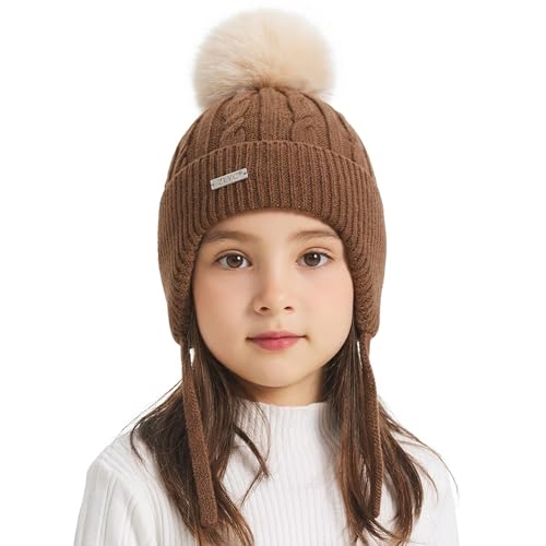 ZLYC Kids Girls Boy Winter Hat Cotton Lined Pom Pom Beanie Earflap Knit Cap - color: Solid Brown