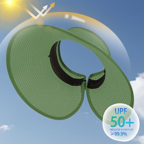 Women's Sun Visor Hats Wide Brim Straw Beach Hat Ponytail Hats for Women Foldable Floppy - color: 1pack-green