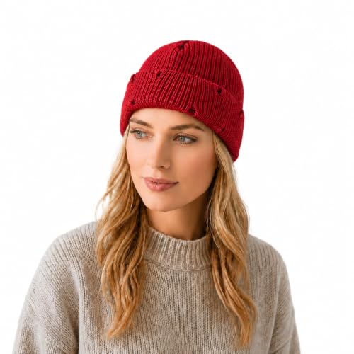 Unisex Warm Knit Skull Cap Hip-hop Slouchy Ripped Knitted Hat - color: Burgundy