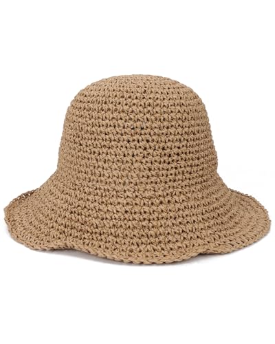 Womens Crochet Straw Sun Hat Foldable Floppy Wide Brim Beach Hat for Summer - color: Khaki