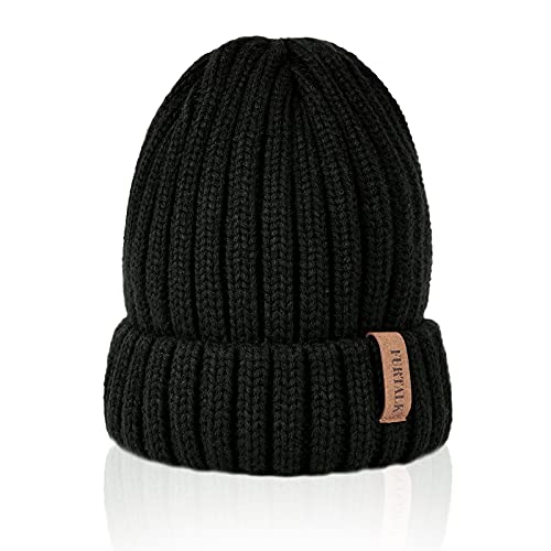 Fleece Lined Beanie Cable Knit Chunky Beanies Womens Snow Cap - color: Black
