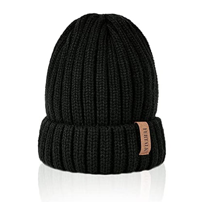 Fleece Lined Beanie Cable Knit Chunky Beanies Womens Snow Cap - color: Black