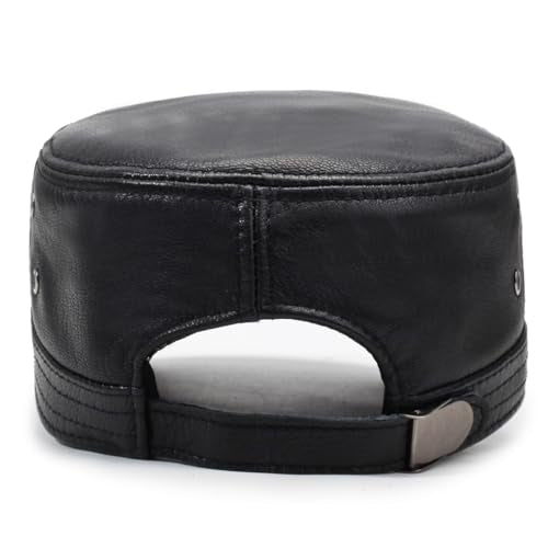 Men's Leather Military Style Hat Cadet Army Caps Flat Top Cap - color: Black
