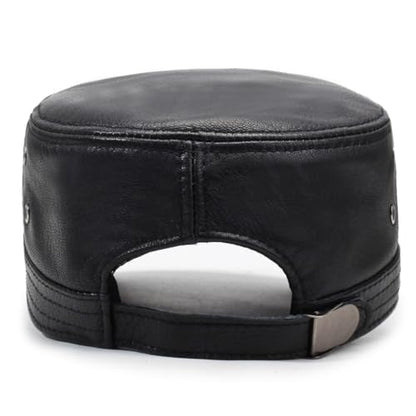 Men's Leather Military Style Hat Cadet Army Caps Flat Top Cap - color: Black
