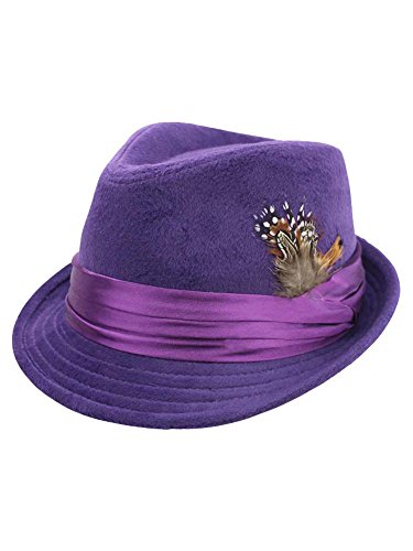 Purple Wool Felt Fedora Hat with Feather Trim