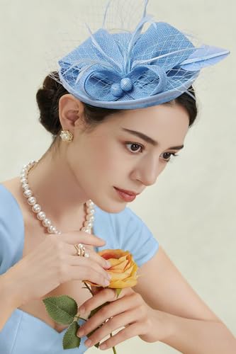 BABEYOND Fascinators Hats for Women Tea Party Pillbox Sinamay Derby Hat - color: Light Blue