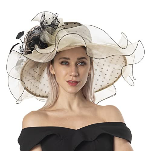 Women's Organza Church Derby Hat Bridal Tea Party Wedding Tea Party Sun Hat with Detachable hat flower as headgear - color: Beige