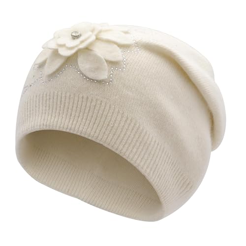 ZLYC Women Floral Slouchy Beanie Hat Double Layer Winter Knit Skull Cap - color: Flower White