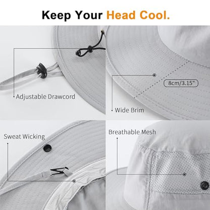 Home Prefer UPF50+ Mens Sun Hat Wide Brim Womens UV Protection Beach Bucket Hat for Fishing Hiking Snap Up Cowboy Hat - color: Light Grey