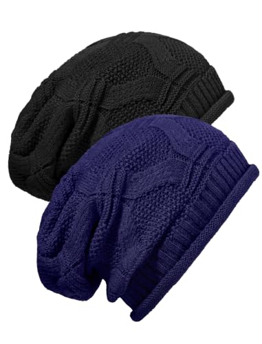 Senker Fashion 2 Pack Winter Beanie Hats for Women, Womens Slouchy Beanies - color: Black Blue