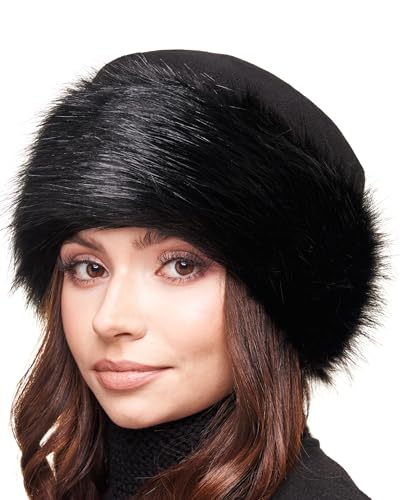 Futrzane Faux Fur Trim Hat for Women - color: Black - Black, size: Medium