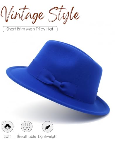Fedora Hats for Men Women 1920s Short Brim Felt Trilby Hat - color: Royal Blue