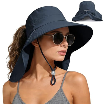 Ruqizhi Sun Hats for Women with Neck Flap Ponytail Hole Women Sun Hats Rollable UV Protection Fishing Hats Wide Brim UPF 50+ - color: Navy