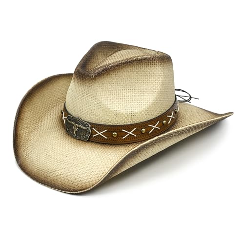 FLUFFY SENSE. Straw Cowboy Hat for Women and Men – Western Sun Hat for Country Concert, Rodeo and Cowgirl Outfits - color: Toasted Tan Longhorn Skull