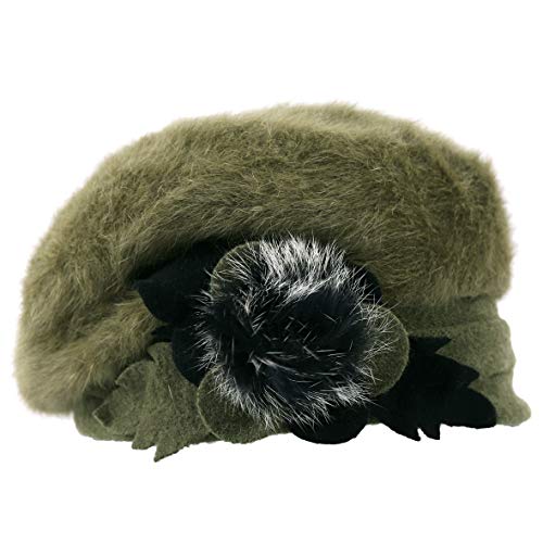 VECRY Lady French Beret 100% Wool Beret Floral Dress Beanie Winter Hat - color: Angola-green