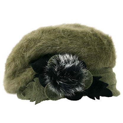 VECRY Lady French Beret 100% Wool Beret Floral Dress Beanie Winter Hat - color: Angola-green