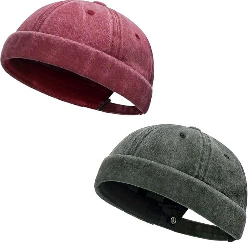 Initlove Docker Hat for Men Vintage Brimless Sailor Hat Beanie Cap - color: Green + Wine Red