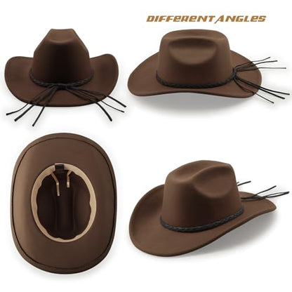 DRESHOW Western Cowboy Hat for Men Women Cowboy Cowgirl Hat Outdoor Wide Brim Retro Felt Fedora Hats Unisex Rolled up Caps - color: 1 Pack Style 8: Coffee