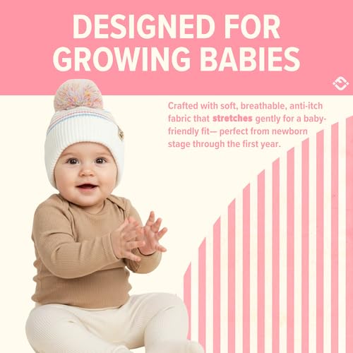 Funky Junque Baby Pom Pom Beanie – Soft Knit Infant Winter Hat for Baby Girls & Boys, Cozy Warm Newborn Beanie 0–12 Months - color: Striped Earflap - Ivory/Multicolor