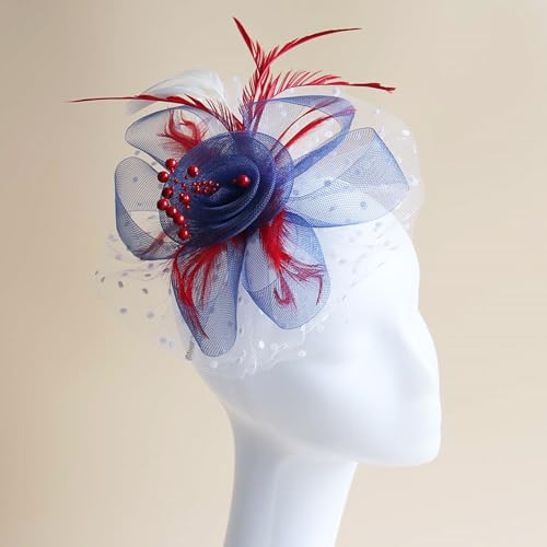 WLBON Fascinators Hat 20s 50s Headband Hair Clips Flower Mesh Veil Feather Headpiece Headwear Women Halloween Carnival Cocktail Wedding Church Cosplay Dress Up Birthday Tea Party Accessories Colorful - color: Red Blue With White